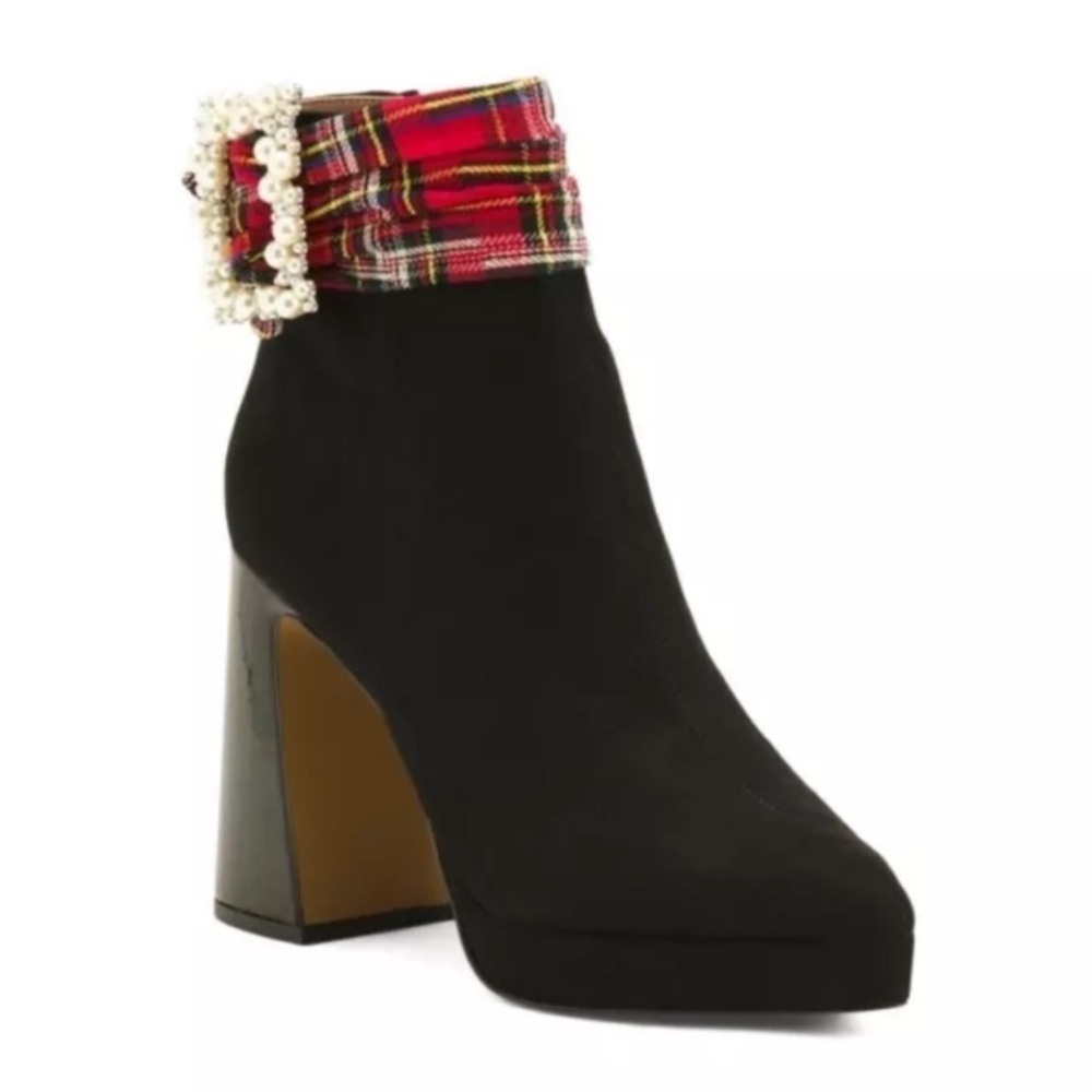 BETSEY JOHNSON Idris Dress Heel Ankle Booties Black Red Multi Plaid Size 10M New